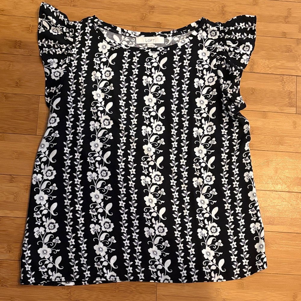 LOFT Black and White Floral Blouse